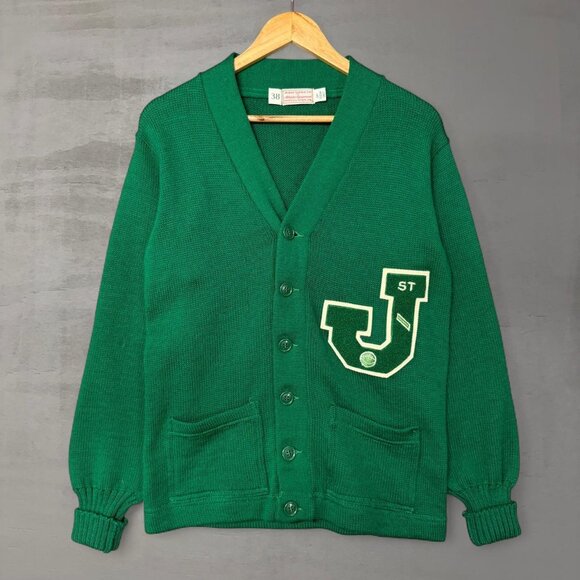 True Vintage St. John’s Green 50s Cardigan Letterman Sweater Large - Picture 1 of 6